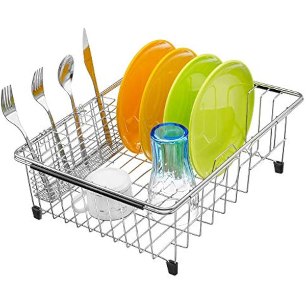 iPEGTOP Dish Sink Drainer, Dish Drying Rack Over Sink, Extendable Dish Drainer with Removable Cutlery Holder, Dish Rack in Sink or On Counter, Plate Rack Drainer for Kitchen