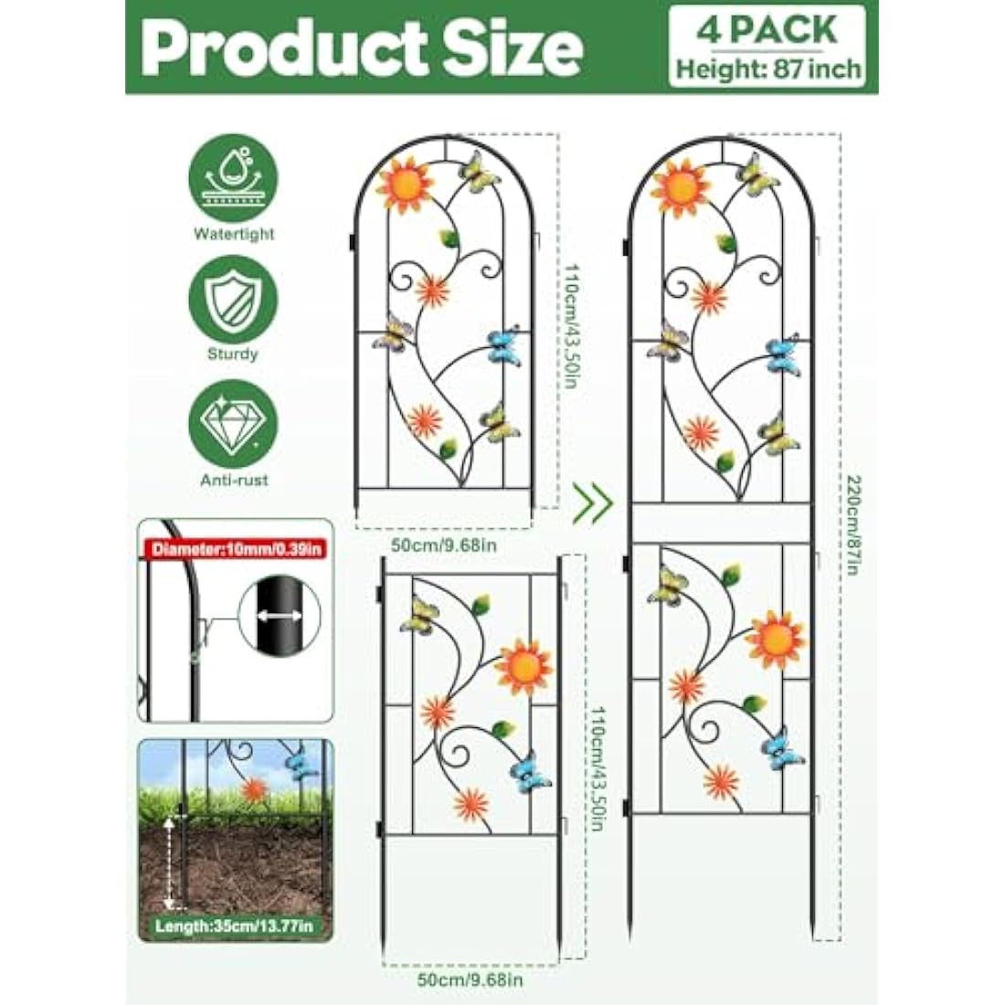 2.2 M Garden Trellis for Climbing Plants, Kalolary 4 Pack Colorful Butterfly Garden Climbing Trellises Frame Rustproof Metal Potted Plant Climbing Support for Backyard Outdoor Flower Vegetable Vines