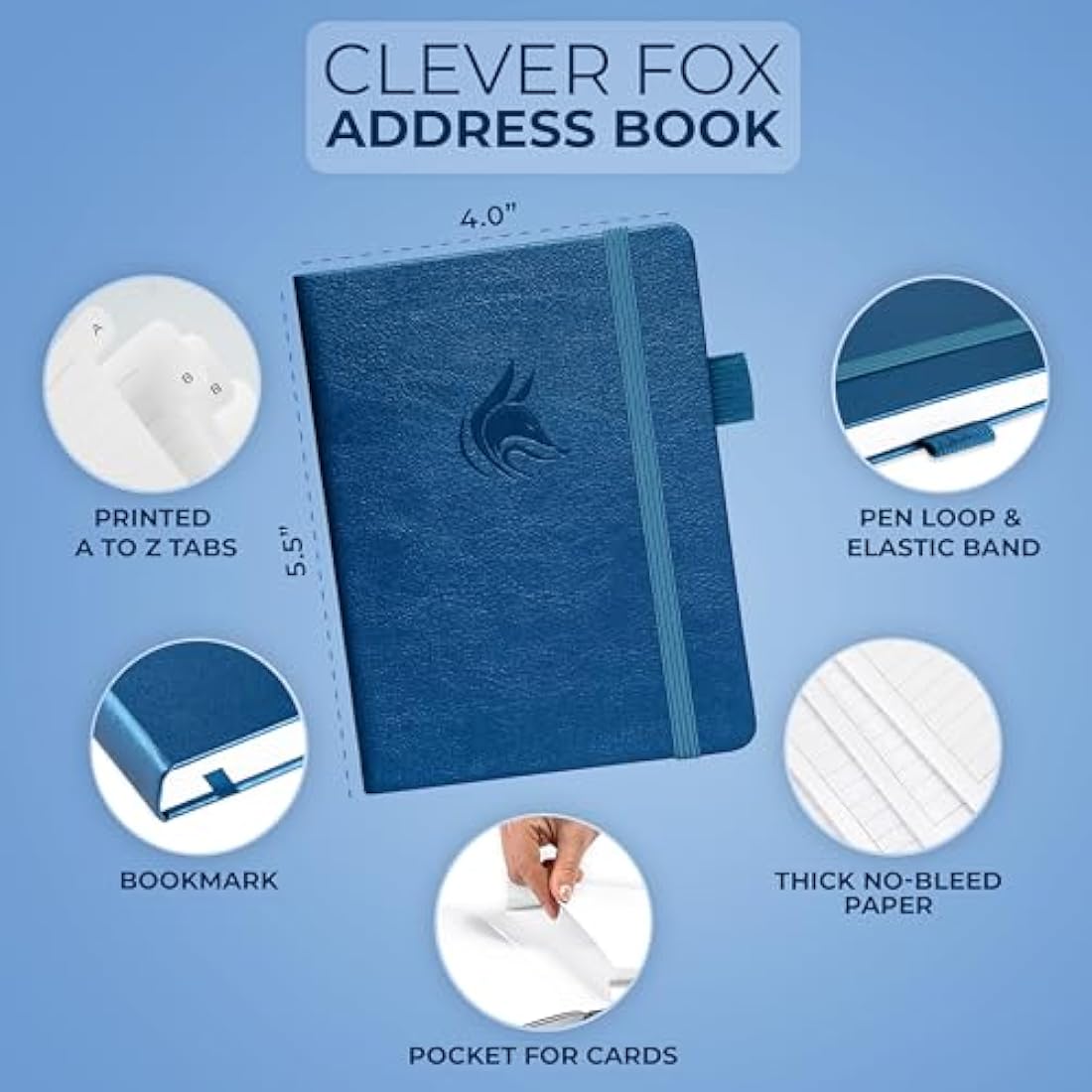 Clever Fox Address Book with alphabetic tabs - PU Leather Telephone and Address Book for Keeping Contacts Safe, Contact Organizer Journal, Small Size (10.5 x 14cm), Hardcover, Mystic Blue