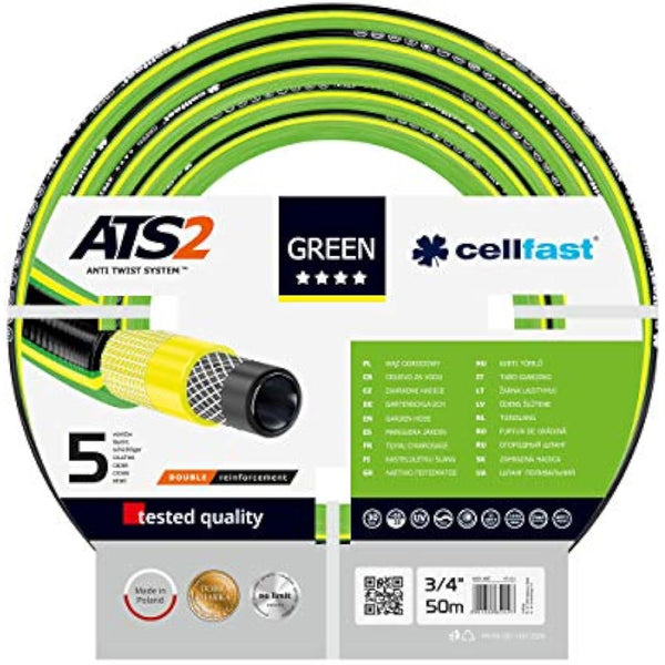 Cellfast Garden Hose Green ATS2 3/4" 50 m, Five-Layer Hose, Knots Resistant, Double Cross-Tricot Reinforcement, Anti-Twist, 15-121