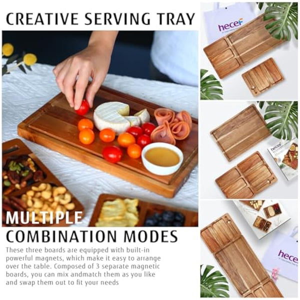 hecef Charcuterie Board Set, Extra Large Acacia Wood – 3-in-1 Magnetic Serving Platter for Cheese, Parties, Weddings, Housewarming & Birthdays