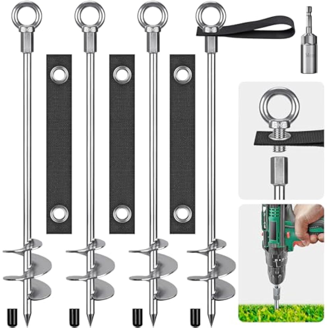 Insaga Tent Peg, Heavy Duty Ground Stake Metal Earth Anchor, 76cm Spiral Blade Screw in Trampolines Kit for Swing Kit/Camping/Shed/Dog/Carport with Fixed Loop Strap, 4 Pack