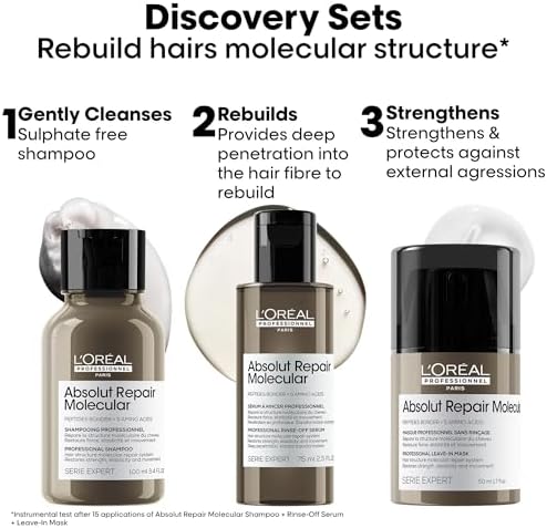 L'Oréal Professionnel Absolut Repair Molecular Shampoo, Rinse-Off Serum & Leave-In Treatment Mini Trio Kit, For Extremely Damaged Hair, Molecular Bond Repair & restores strength, 100ml, 75ml & 50ml