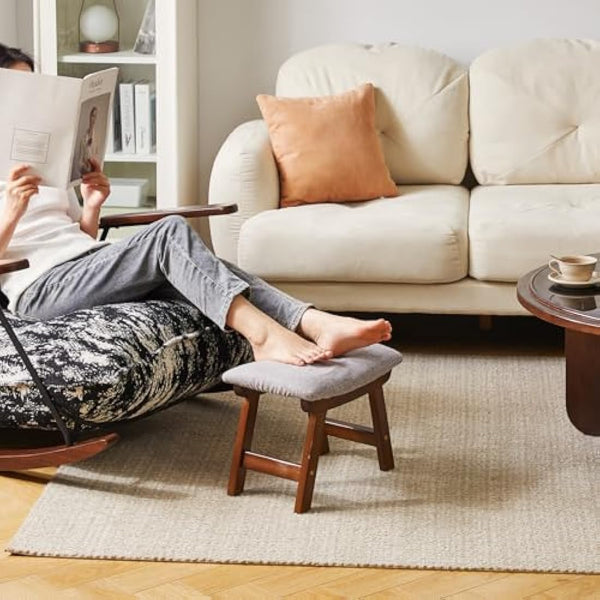 Aibiju Foot Stool, Ottoman Pouffe Stool, Low Stool Fabric Sofa Stool Cover 4 Beech Legs Suitable for Bedroom, Living Room and Kitchen, (Brown Leg + Grey cushion), YDEU-1355