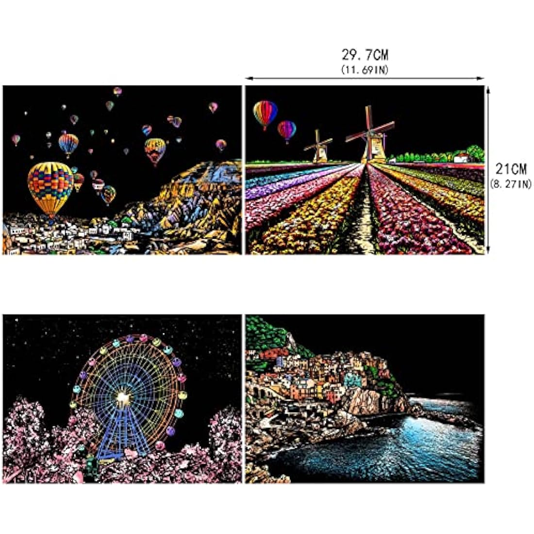 Heyu-Lotus 8pcs Scratch Art Paper Rainbow Painting Sketch City Series Night Art Craft Scratch Scratchboard for Adult and Kids with 5 Tools