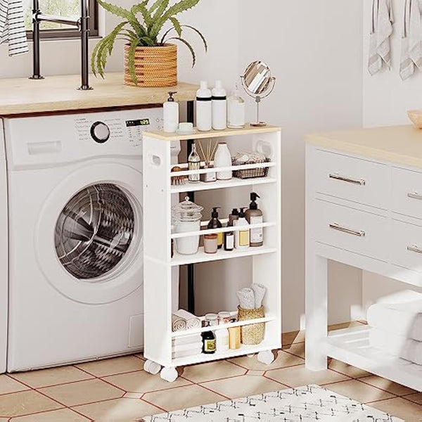 HOOBRO Slim Storage Trolley, Narrow Kitchen Cart, Slide Out Kitchen Trolley on Wheels, 4-Tier Rolling Utility Cart with Handle, for Small Space, Bathroom, Living Room, White and Natural EWN15TC01