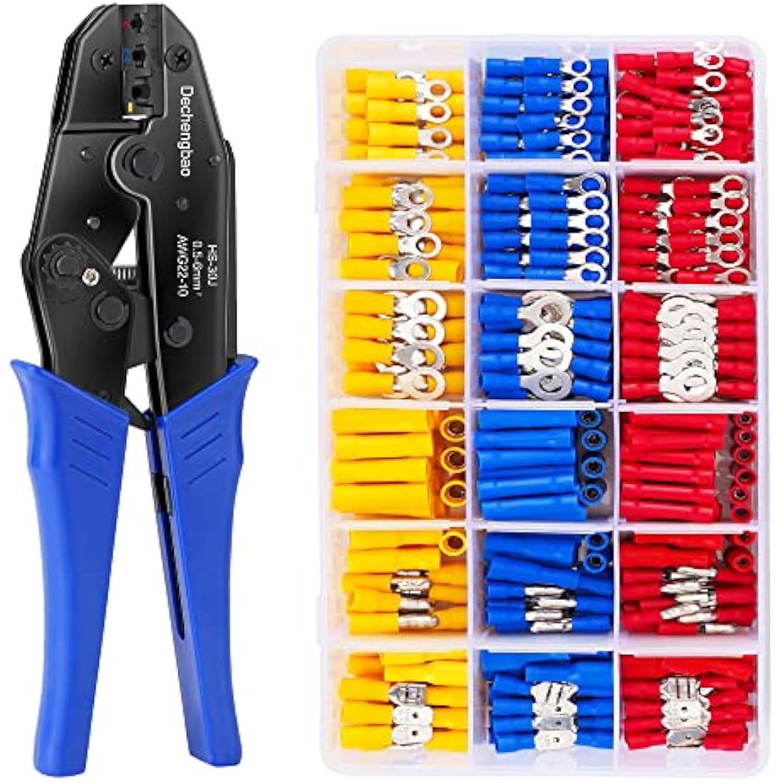 Insulated Wire Terminal Crimping Tool Kit, 0.5-6mm² Ratchet Crimping Plier, Cable Lug Pliers Electrician Crimping Tool Set with 700 Insulated Butt Bullet Spade Ring Crimp Connectors