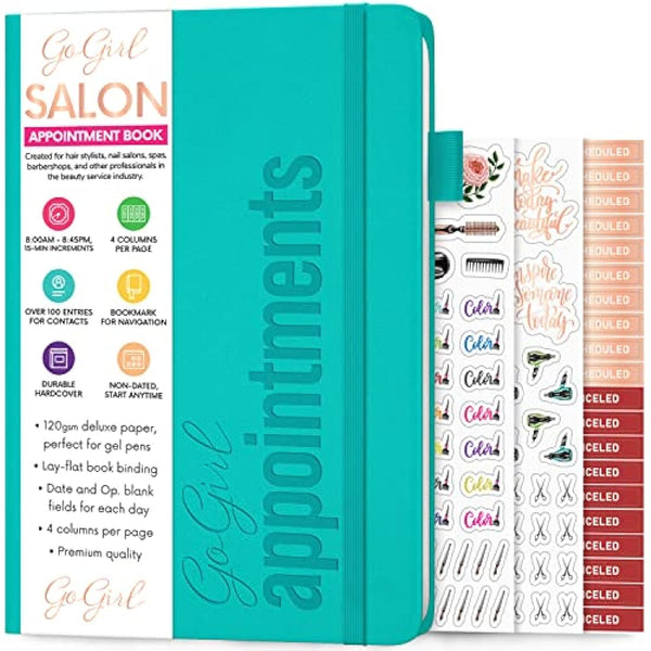 GoGirl Salon Appointment Book – Reservation Book for Beauty Salons, Spas, Hair Stylists, Estheticians – Appt Booking Planner, 18x25.5cm (Turquoise)