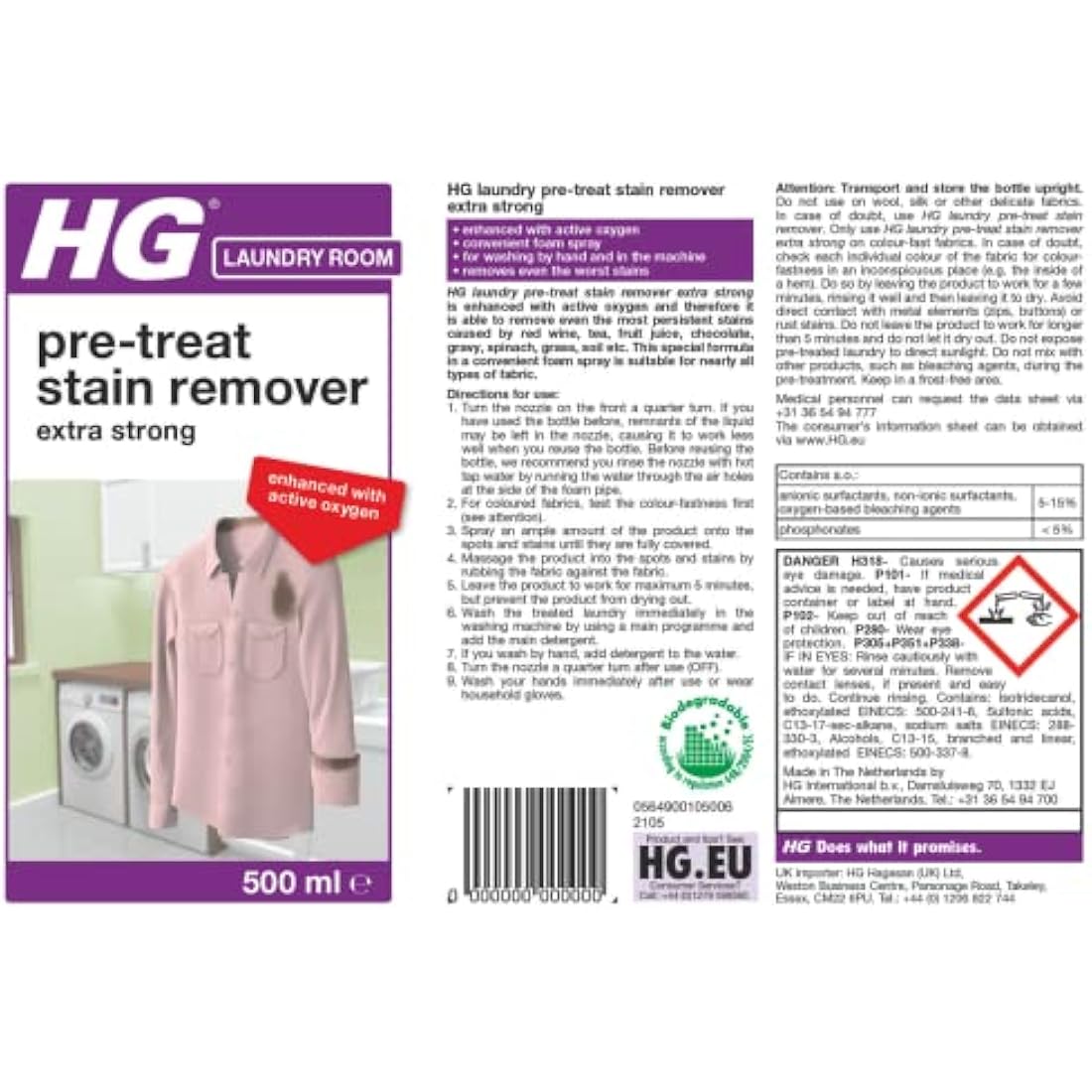HG Laundry Pre-Treat Stain Remover, Extra Strong Pre-Wash Clothing & Fabric Spray with Active Oxygen, Removes Spots & Stains, Heavy Duty Formula Ideal for Whites & Colours – 500ml (649050106)