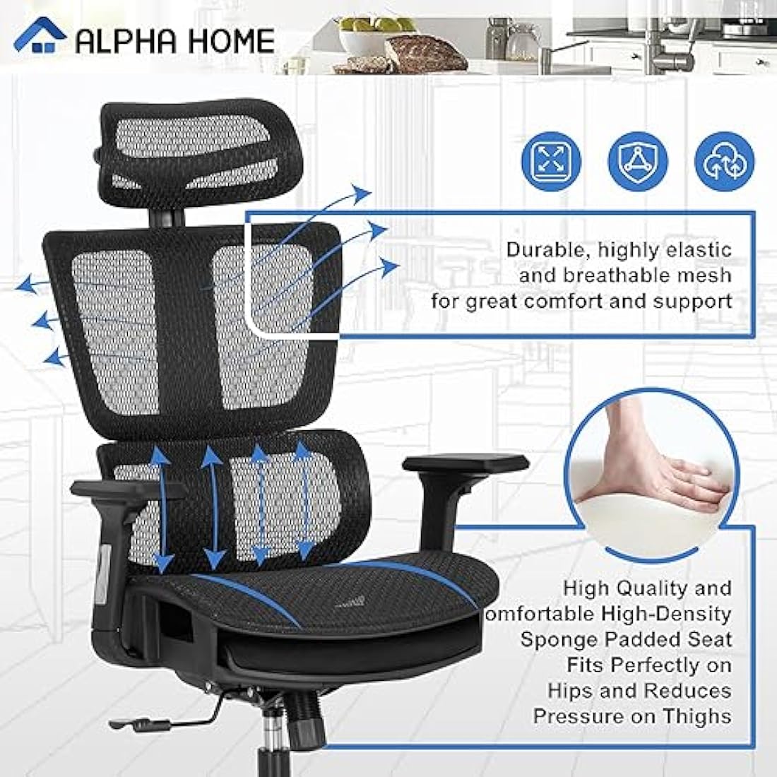 ALPHA HOME Office Chair Ergonomic Desk Chair with Retractable Footrest High Back Manager Chair Computer Home Office Chair 90-130° Tilt Angle with 3D-Armrest,Adjustable headrest,Lumbar Support