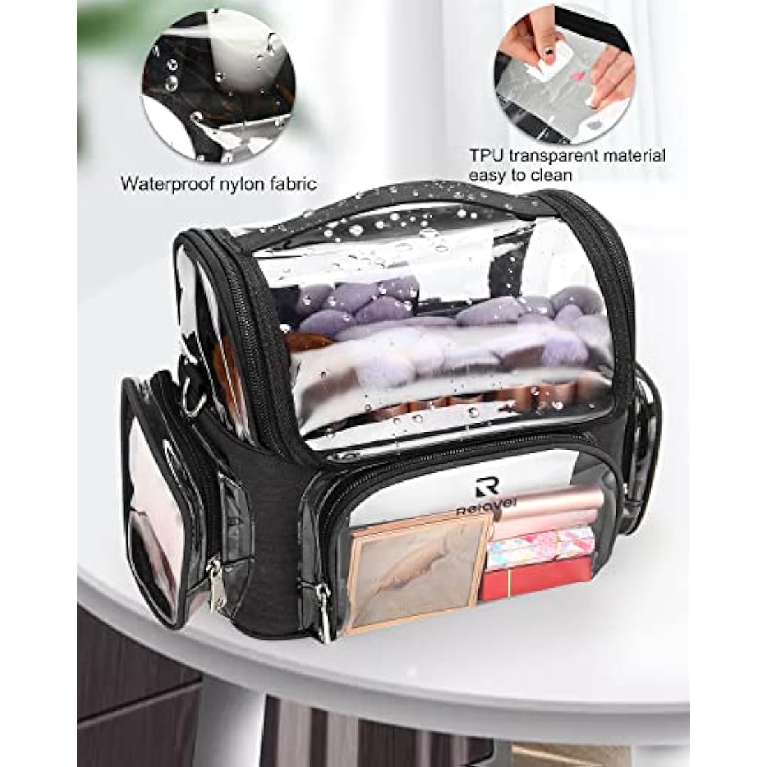 Relavel Makeup Brush Case, Large Makeup Brush Holder Professional Makeup Artist Travel Case Clear Waterproof Cosmetic Organizer Bag, Full Open Easy to Access, with Adjustable Strap and Dividers