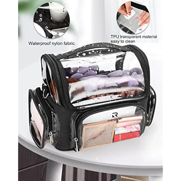 Relavel Makeup Brush Case, Large Makeup Brush Holder Professional Makeup Artist Travel Case Clear Waterproof Cosmetic Organizer Bag, Full Open Easy to Access, with Adjustable Strap and Dividers