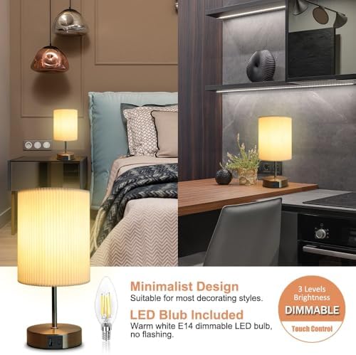 HSLighting Bedside Lamps, Touch Control Table Lamp with Metal Base 3-Way Brightness Changing Dimmable USB A+C Charging LED Light Bulbs Desk Lamp Minimalist Night Light for Bedroom Living Room, 2 Pack