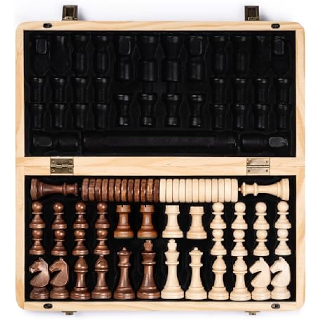A&A 15" Magnetic Wooden Chess Set/Folding Board / 3" King Height German Knight Staunton Chess Pieces/2 Extra Queen