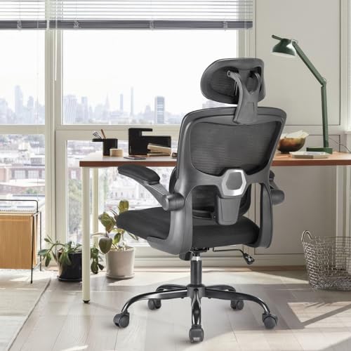 Farini Office Desk Chair with Flip-Up Armrest, High Back Ergonomic Computer Chair with Adjustable Headrest and Lumbar Support for Home and Office