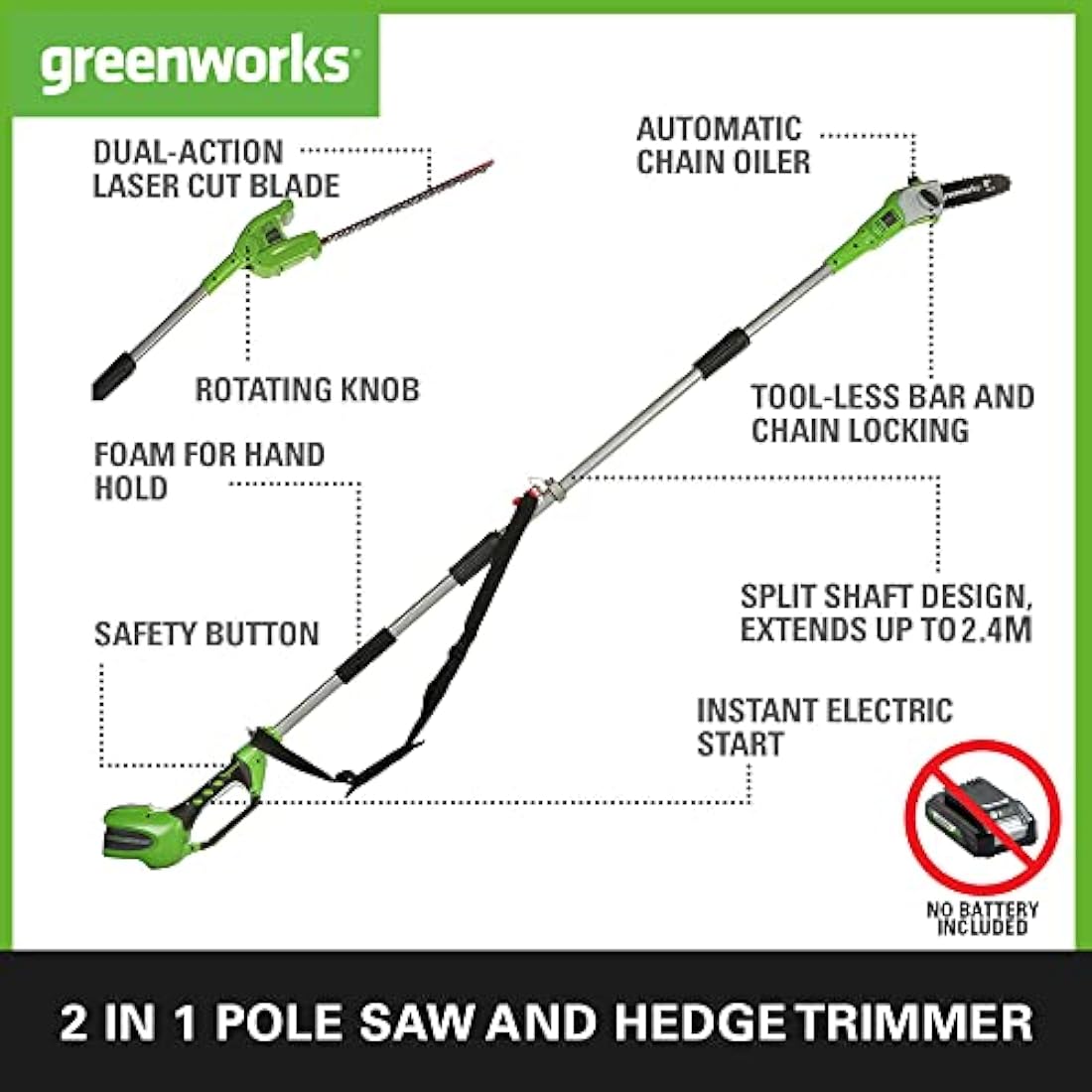 Greenworks G40PSH Cordless 2-in-1 Pole Saw and Pole Hedge Trimmer with Shoulder Strap, Pole Saw 20cm Bar, Trimmer 51cm Dual Action Blades, WITHOUT 40V Battery & Charger, 3 Year Guarantee