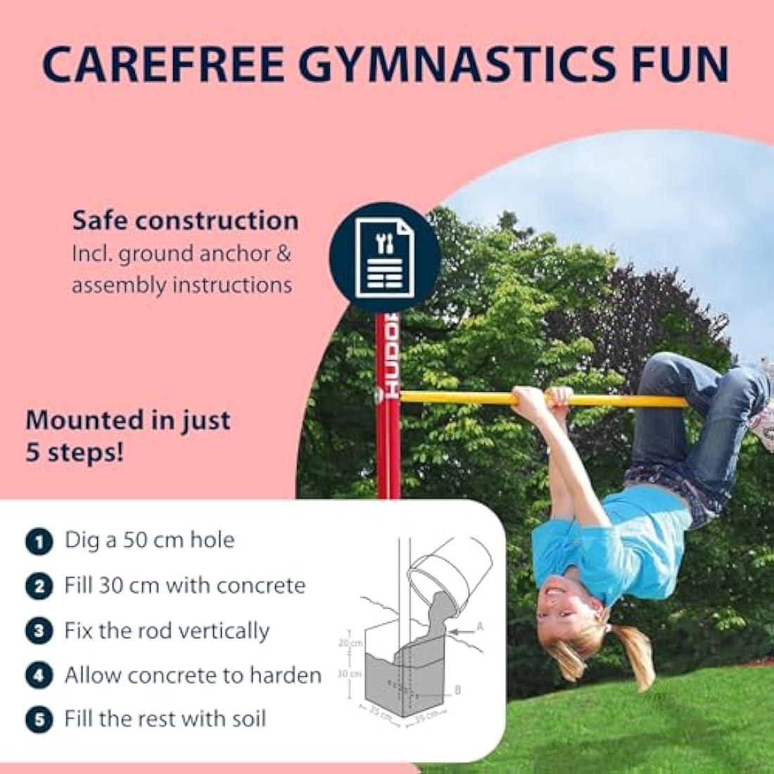 HUDORA Gymnastics Bar Fabian Standard/Pro - Single/double gymnastics bar for children & adults - 4 level height-adjustable gymnastics bar - Sturdy outdoor fitness bar for up to 100kg