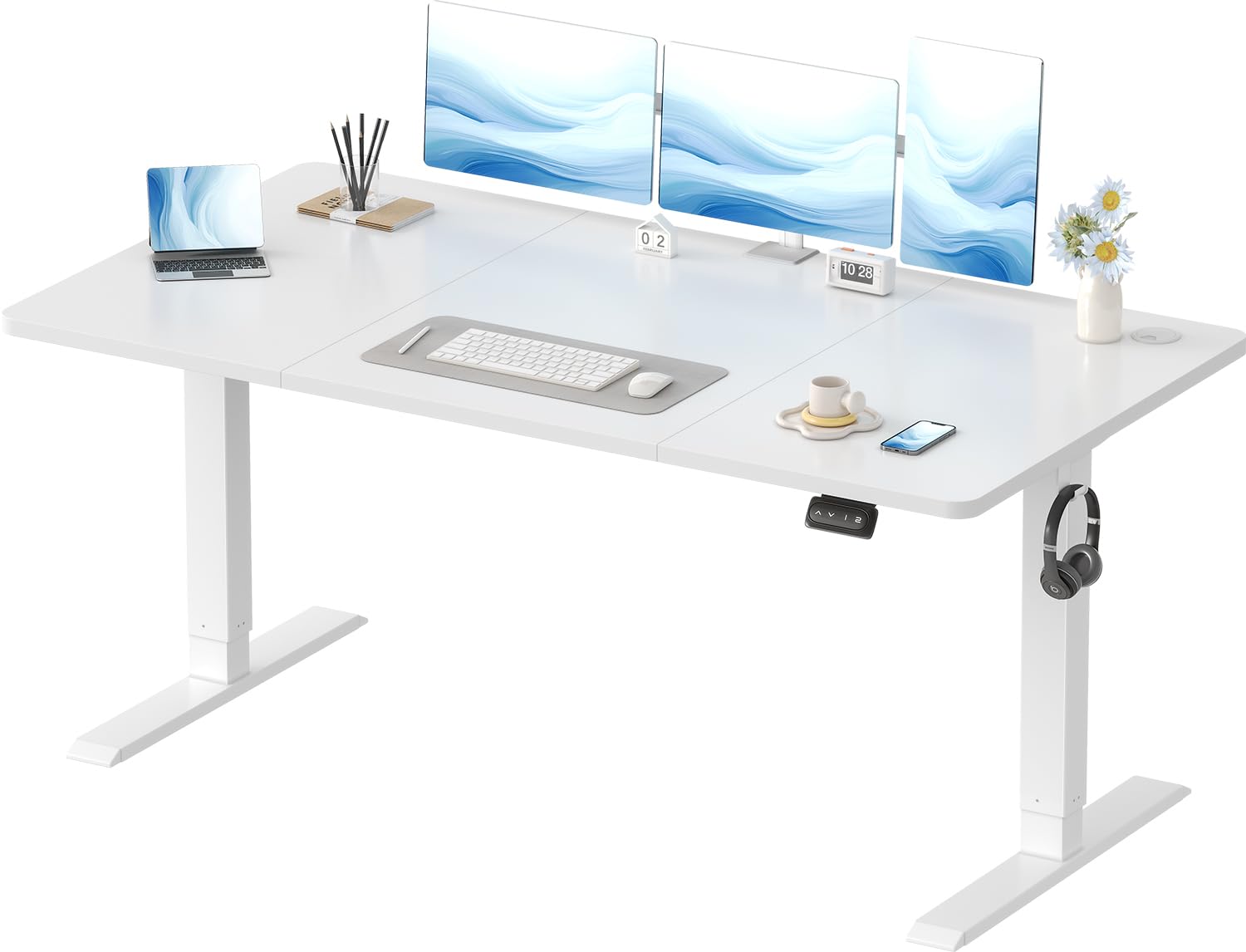 Devoko Electric Standing Desk 120x60cm Sit Stand Table Height Adjustable with Backpack Hook and Memory Smart Pannel, Home Office, White