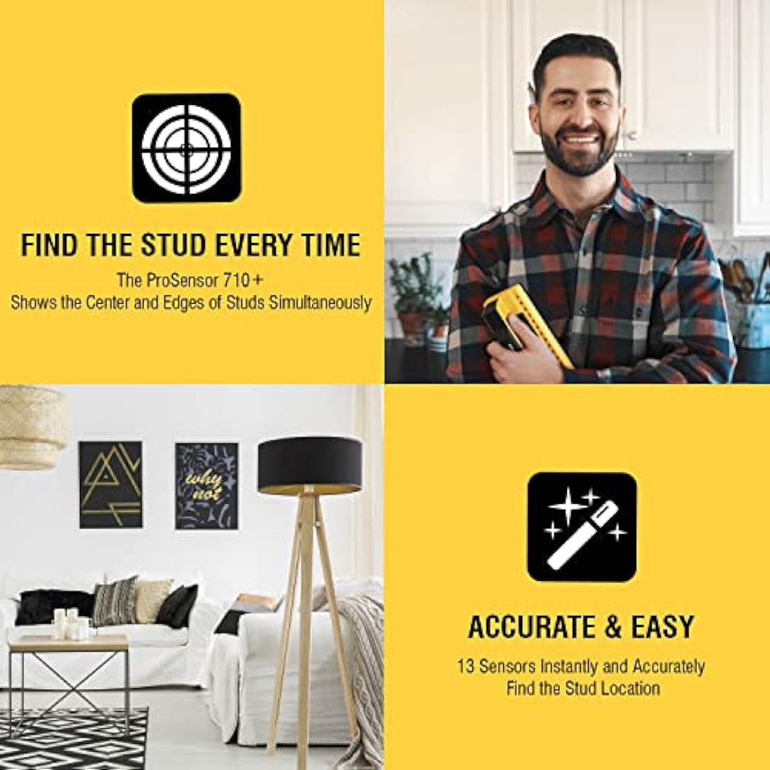Franklin Sensors ProSensor 710+ Stud Finder with 13-Sensors, Wood & Metal Stud Detector/Wall Scanner, Built-in Bubble Level