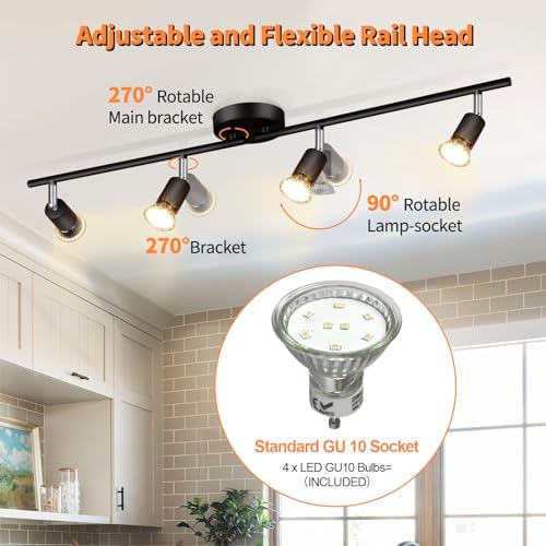 4 Way Spotlight Ceiling Light Rotatable, GU10 Industrial Ceiling Light Fitting Black Spot Light Bar Indoor Adjustable Light Ceiling Spot Lamp for Kitchen Bedroom Hallway, 3000K GU10 Bulb Included