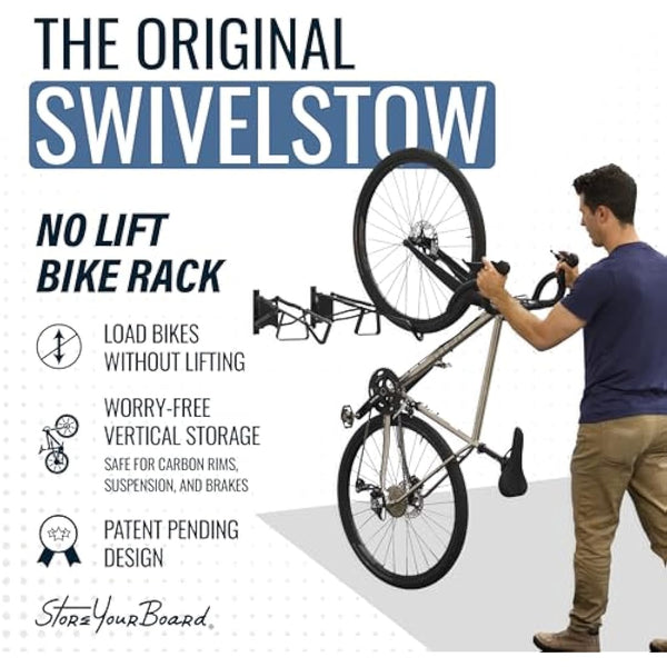 StoreYourBoard SwivelStow Mountain Bike Storage Rack 2 Pack – Heavy Duty Bike Hanger, No-Lift Bike Wall Mount for Garage Bike Storage, MTB and E-Bike, Holds 70 lbs, Patent-Pending