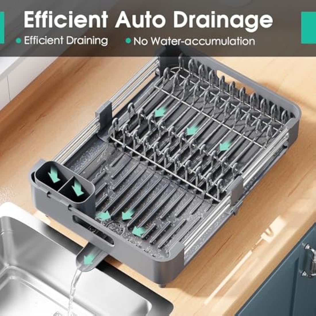 KINGRACK Extendable Dish Drainer Rack, Stainless Steel, Foldable Dish Rack with Removable Cutlery Holder and Anti-Scratch Holder, Adjustable Draining Board Rack with Drainage Spout, Gray