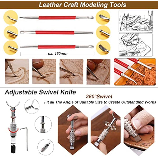 DIY Leather Craft Tools Kit Leather Kits Leather Craft Tools Set Leather Working Tools Incl Nylon Hammer Waxed Thread Stitching Groover Prong Punch Tools for Hand Leather Craft Making Sewing Stitching
