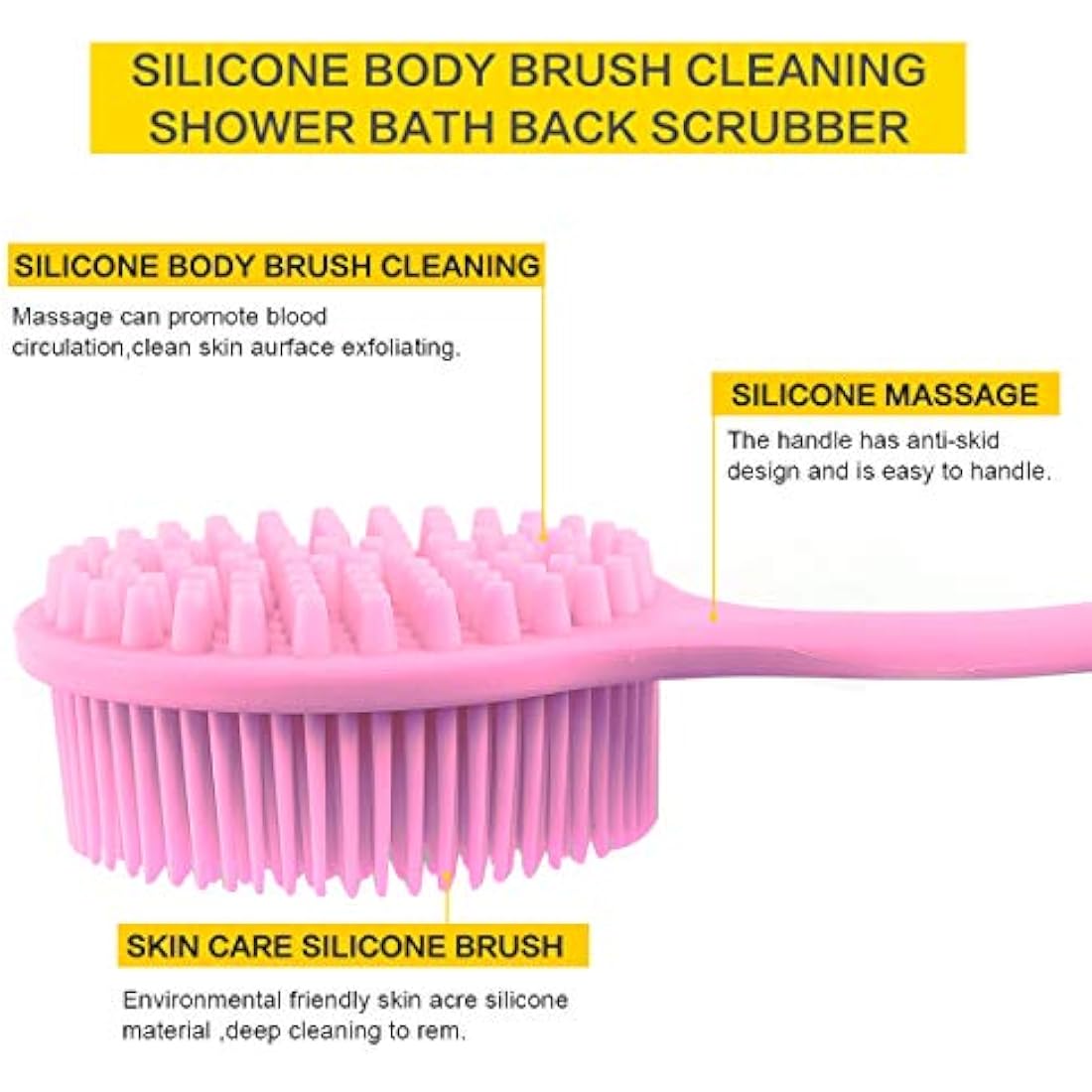 Ithyes Silicone Body Brush, Bath Brush Back Scrubber Long Handle Bath Shower Brush with Ultra Soft Bristles,Non-Slip,Pink