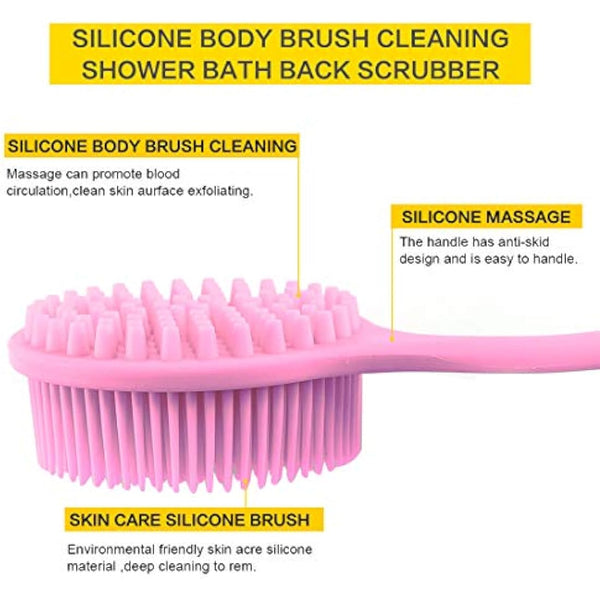 Ithyes Silicone Body Brush, Bath Brush Back Scrubber Long Handle Bath Shower Brush with Ultra Soft Bristles,Non-Slip,Pink