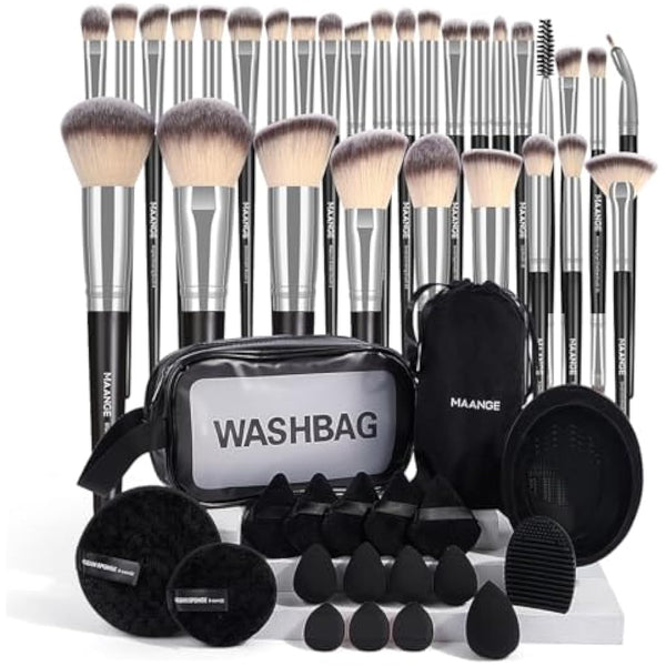 MAANGE Makeup Brush Set 49 Pcs Makeup Tool Set Premium Synthetic Foundation Powder Concealers Eye shadows Blush Makeup Brushes (Silver, 49 Piece Set)
