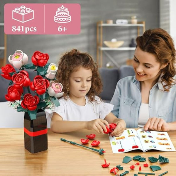 Flowers Bouquet Building Set, 841 PCS - 11 Office Home Forever Rose Decor Plant Building Kits with Vase, Gifts for Kids Birthday Adults Women Valentines Mothers Day