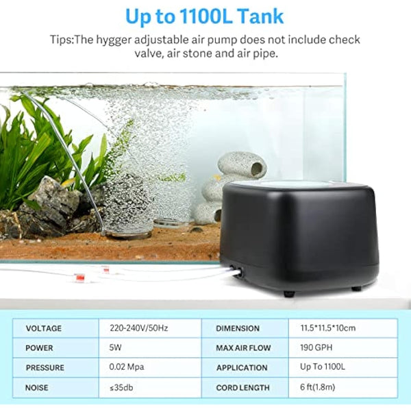 hygger Aquarium Air Pump,Ultra Silent Fish Tank Air Pump for Aquarium with 2 Air Outlets, 5W High Energy Saving 4 Speed Airflow Adjustable Oxygen Pump for Fish Tank Up to 1100 Liter