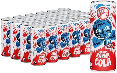 Karma Drinks Karma Cola (250ml x 24 Cans Soft Drink) - Organic, Gluten Free Organic Cola, Natural Ingredients, FairTrade, Vegan Friendly, No GMO, Carbonated Fizzy Drinks 24 Pack