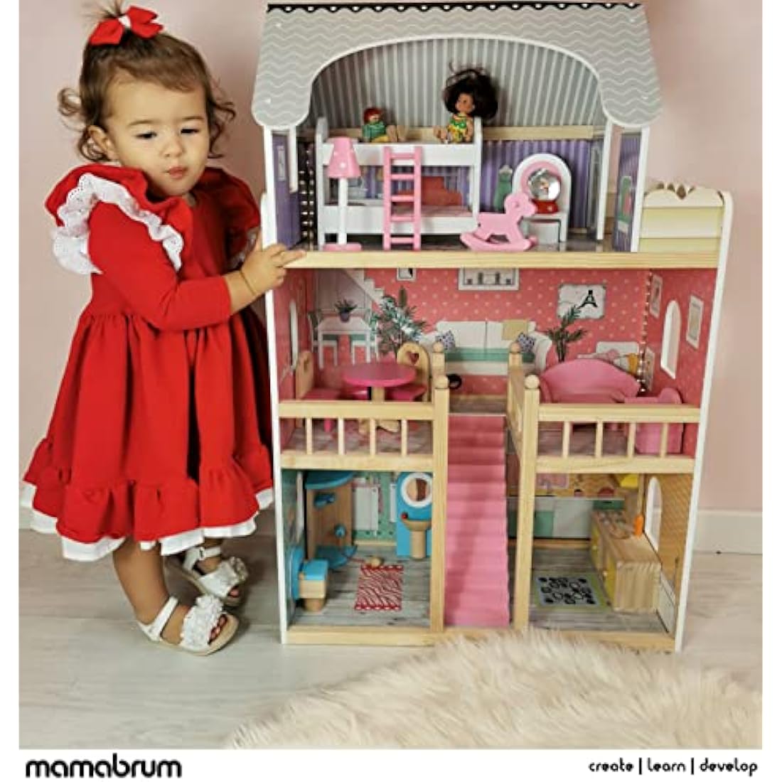 Mamabrum Dolls House with Furniture Set – Large 3-Story Wooden Playhouse with LED Lights – Fully Furnished Dollhouse for Girls – Pretend Play Set for Kids 3+