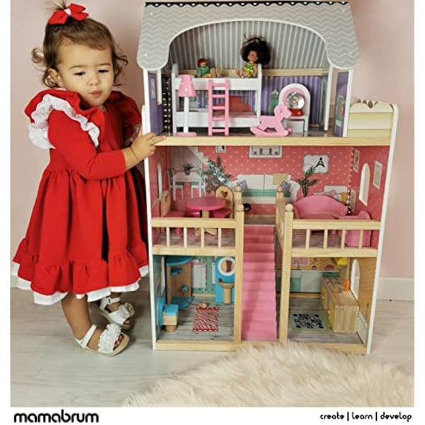 Mamabrum Dolls House with Furniture Set – Large 3-Story Wooden Playhouse with LED Lights – Fully Furnished Dollhouse for Girls – Pretend Play Set for Kids 3+