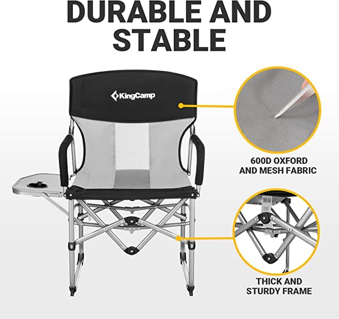 KingCamp Folding Camping Chairs for Adluts Heavy Duty Directors Chair with Cooler Bag and Side Table Support up to 150KG