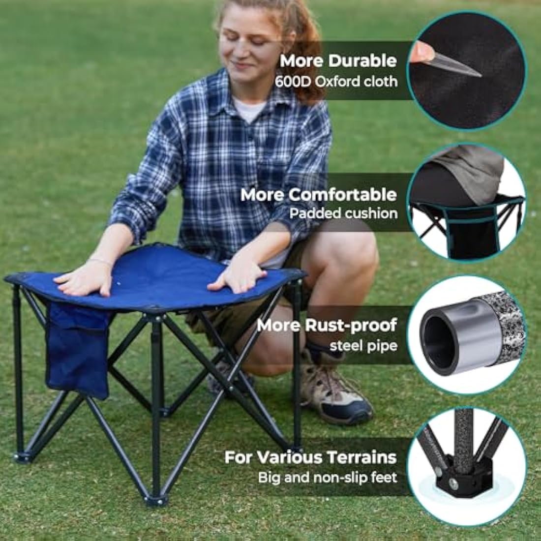 FUNDANGO 2 Pack Oversized Camping Stool with cushion, 18.1 Inch footstool 400 Lbs Heavy Duty Padded Collapsible folding stool Portable Foldable seat for Garden Fishing Hiking with Carry Bag (Black)
