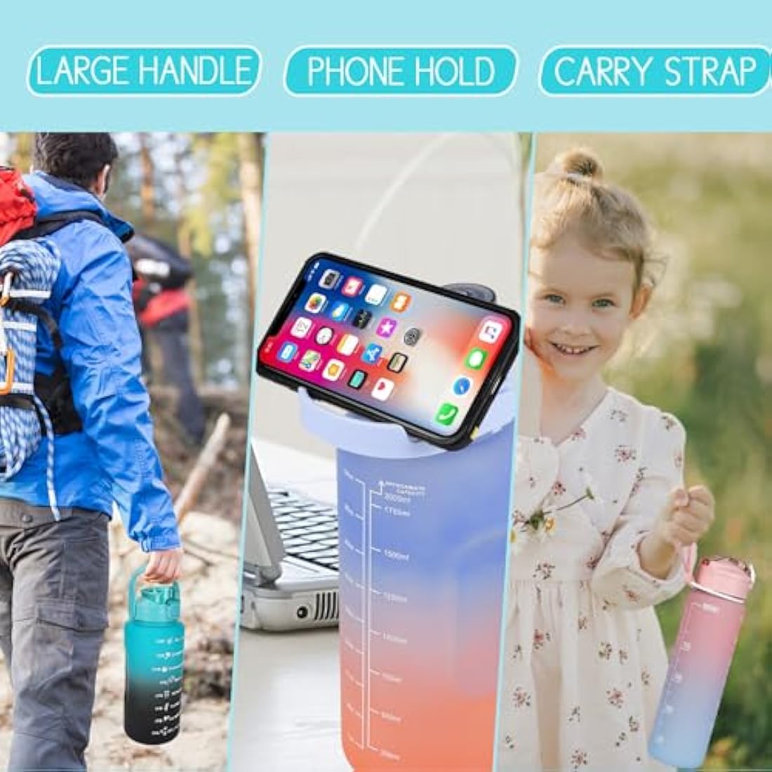 CodiCile 2 Pack Water Bottle Set - 2 Liters & 750ml With Straw, BPA Free, Motivational Canteen With Time Marking, Leakproof Large Sport Drink Bottle for Women Men