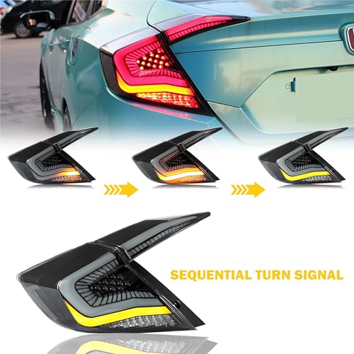 Archaic LED Rear Lights Compatible with 10th Honda Civic Type R Hatchback FK7 FK8 2016-2020, with Sequential Turn Signal, Animation DRL, Pair