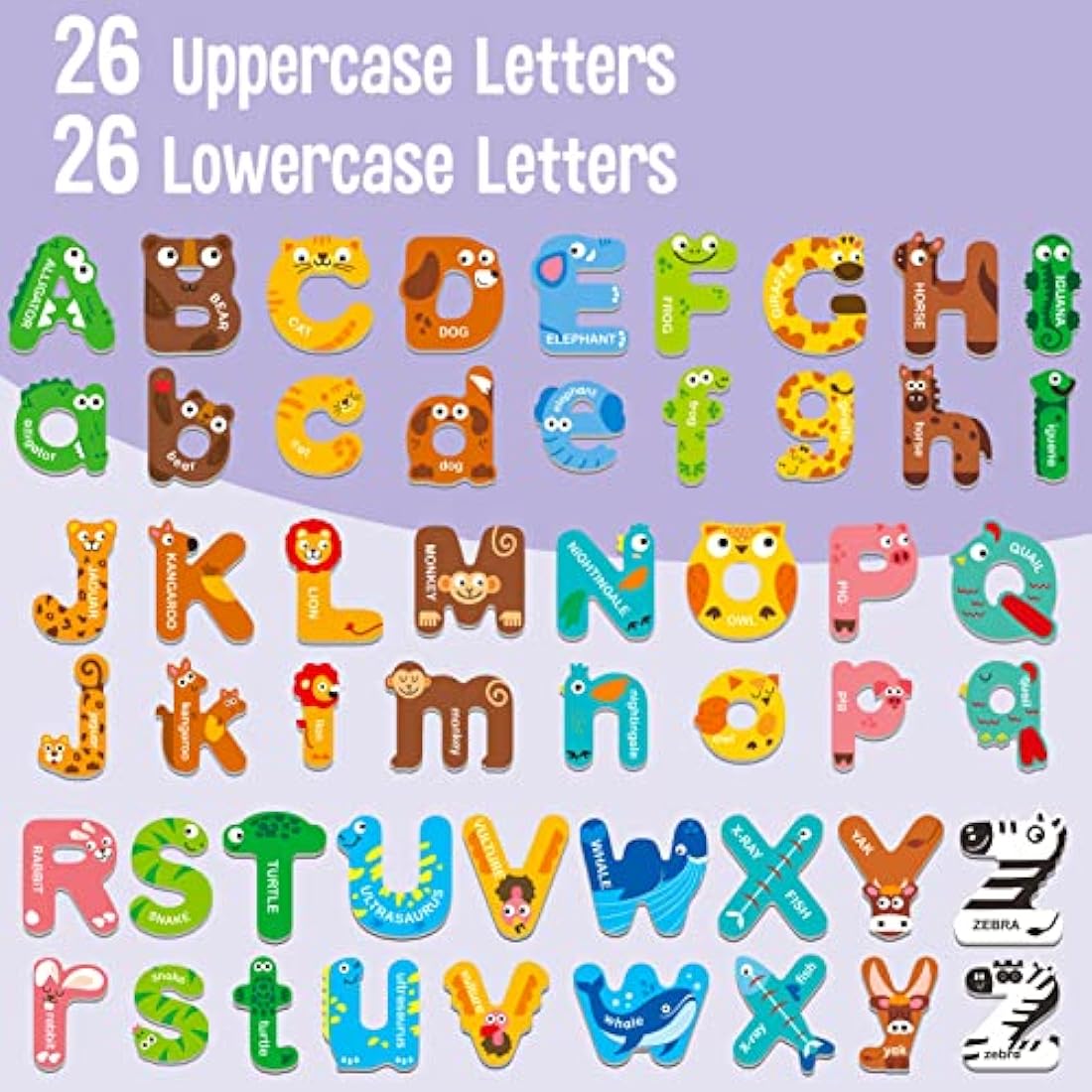 52 Magnetic Alphabet, 26 Uppercase & 26 Lowercase Letters, Adorable Animal Shape Alphabet ABC Magnets for Fridge Educational Spelling Learning Games Toys Set for Kids, Toddlers 3 4 5 Years Old
