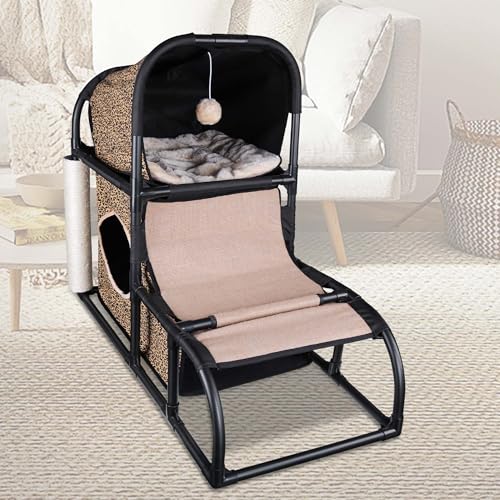 Goetland PVC Modern Cat Condo Cat House Cat Tree Medium Cat Tower Bed Scratching Post Climber Peek Dangling Ball Hole For Kitty Indoors Cat Leopard