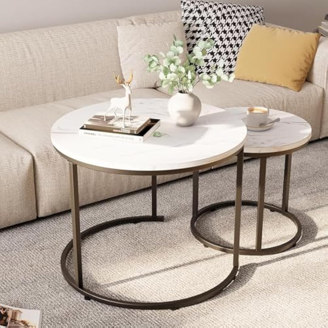 Huhote Round Coffee Tables, Set of 2 End Table, Nesting Tables, Side Table with Metal Frame for Living Room/Bedroom/Balcony/Office/Apartment, Diameter 23.6/15.7 IN (Black Frame, White Marble Top)