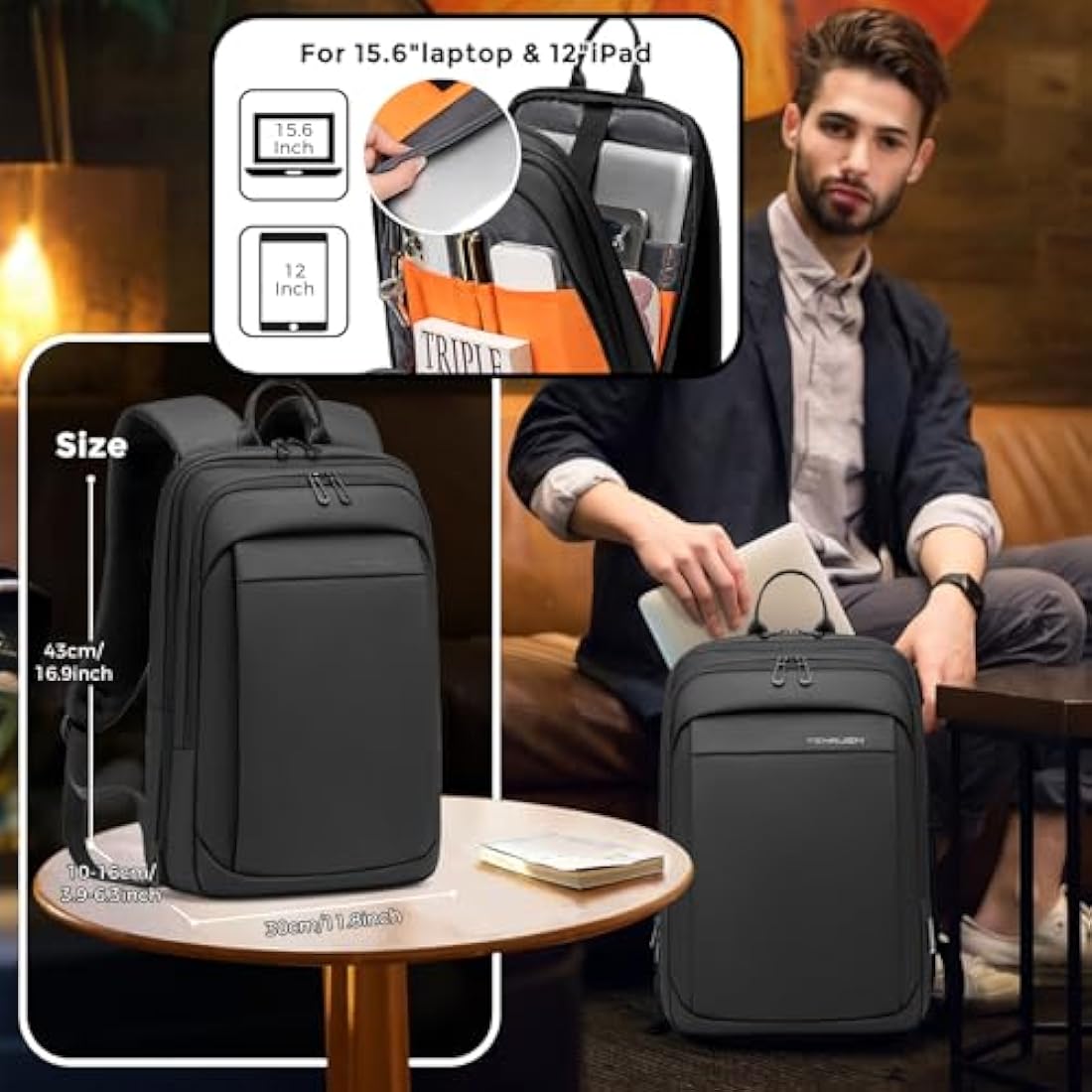 FENRUIEN 12L-22L Business Laptop Backpack Smart Backpack Water-Resistant fit 15.6 Inch Travel Durable Laptop Backpack with USB Charging Port (Expandable)