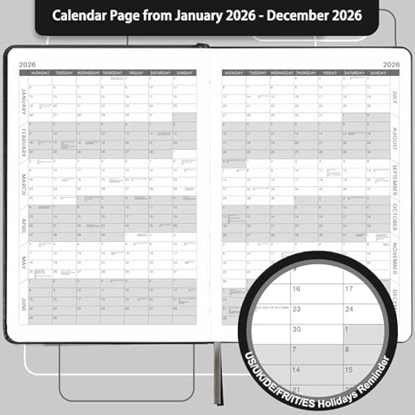 2026 Diary - Diary 2026 Page a Day from January 2026 to December 2026, Productivity Daily Planner with Monthly Tabs, Inner Pocket, Grey, Banded,14.3 X 21 cm