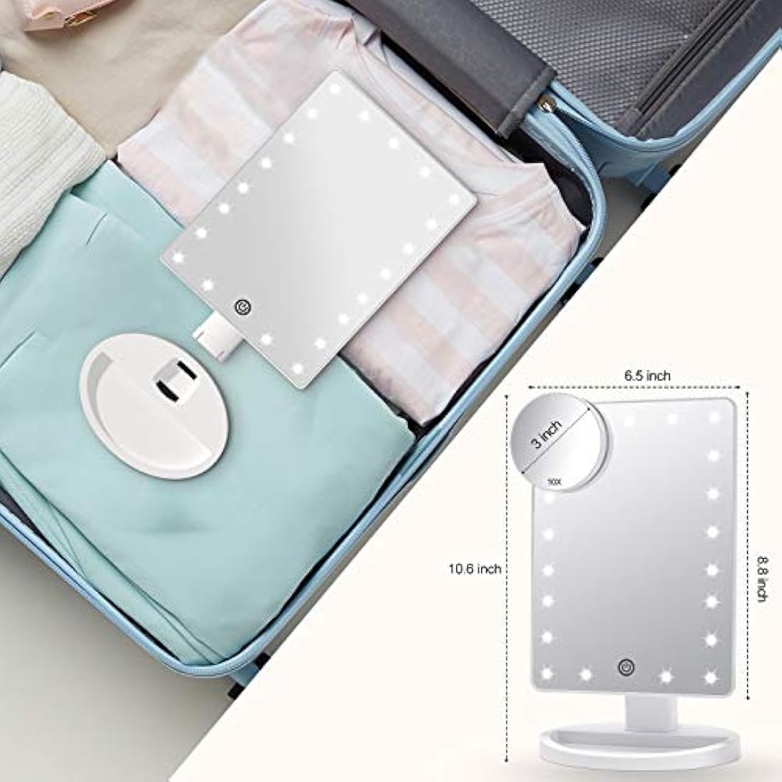 FASCINATE Makeup Vanity Mirror with Lights and Detachable 10X Magnification, 21 Led Lights Adjustable Dimming Touch Sensor, Dual Power Supply, 180° Rotation, Portable Cosmetic Mirror(White)