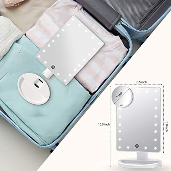 FASCINATE Makeup Vanity Mirror with Lights and Detachable 10X Magnification, 21 Led Lights Adjustable Dimming Touch Sensor, Dual Power Supply, 180° Rotation, Portable Cosmetic Mirror(White)