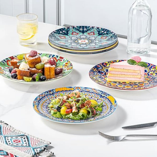 HENXFEN LEAD Salad Plate Porcelain, 21 cm Colourful Dessert Plates Ceramic Breakfast Plates, 6 Pieces Small Round Plate Set with Pattern and Colourful - Bohemian Style