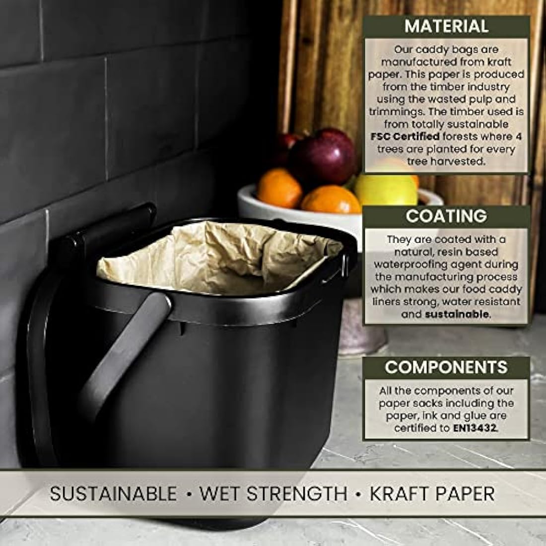 A&M Natural Living 150 x 10 Litre Paper Food Waste Caddy Bin Liners Bags, 100% Compostable And Biodegradable Sustainable Brown Paper Sack Pack, EN13432 Certified (150 Bin Bags)