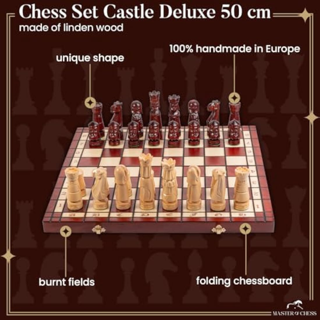 Master of Chess Wooden Chess Set with Pieces “CASTLE DELUXE” 50 cm / 20 in - Handmade, Inlaid and Large Foldable Chess Board Game for Adults and Kids