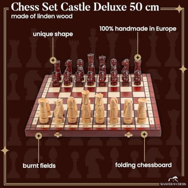 Master of Chess Wooden Chess Set with Pieces “CASTLE DELUXE” 50 cm / 20 in - Handmade, Inlaid and Large Foldable Chess Board Game for Adults and Kids